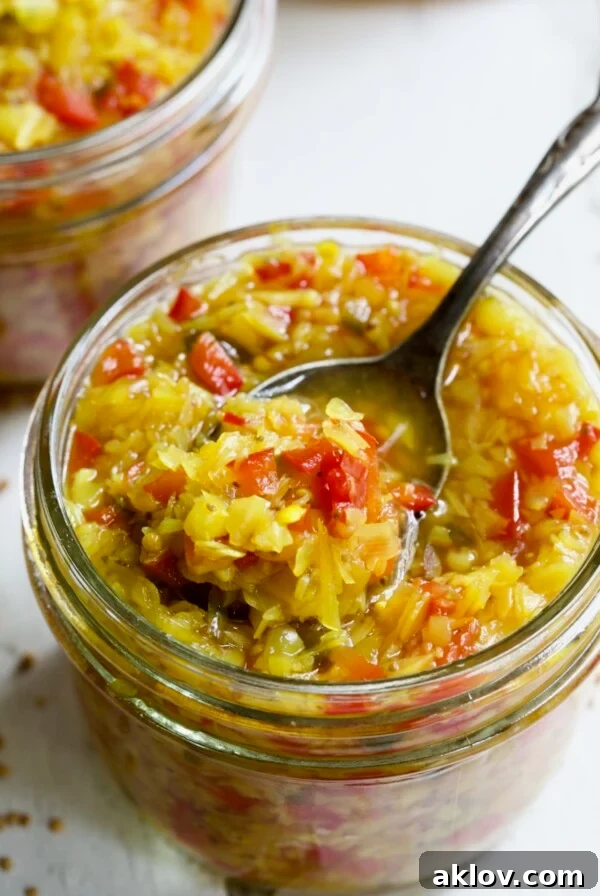 Fiery Ramp Relish 13 Ramp and Pepper Relish Recipe in glass jar.