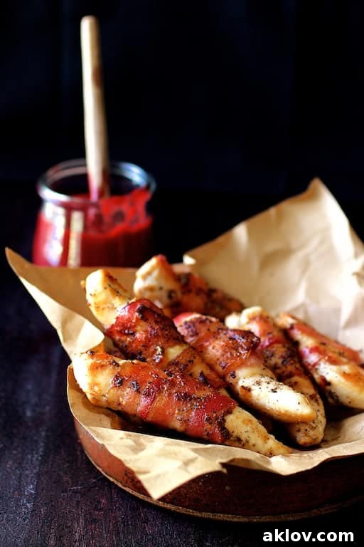 Sweet and Smoky Bacon Chicken Tenders with Raspberry Chipotle Glaze 3 Close-up photo of Bacon-Wrapped Chicken Tenders with Raspberry Chipotle Sauce on brown paper, highlighting the crispy bacon and glistening sauce.