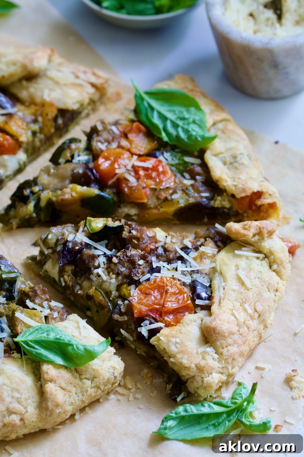 Two wedges of Mediterranean Vegetable Galette.