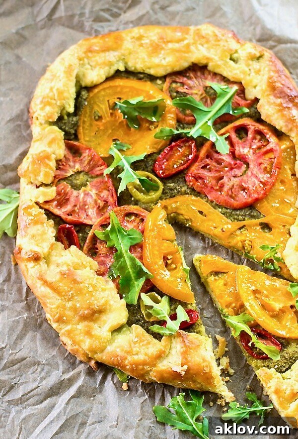 Heirloom Tomato Galette with Arugula Pesto.