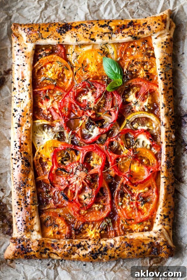 Simple Roasted Tomato Tart with Onion Puff Pastry Crust.