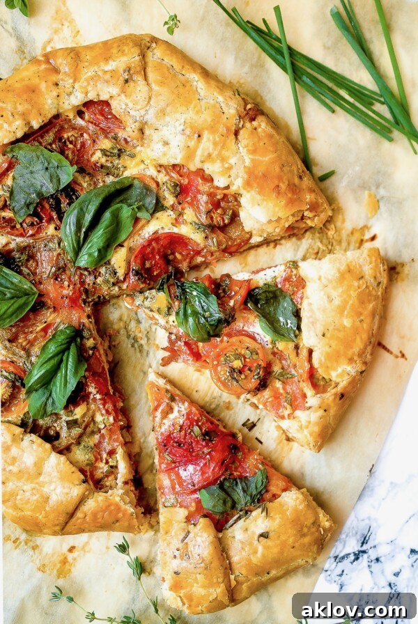 Tomato galette cut into pieces.