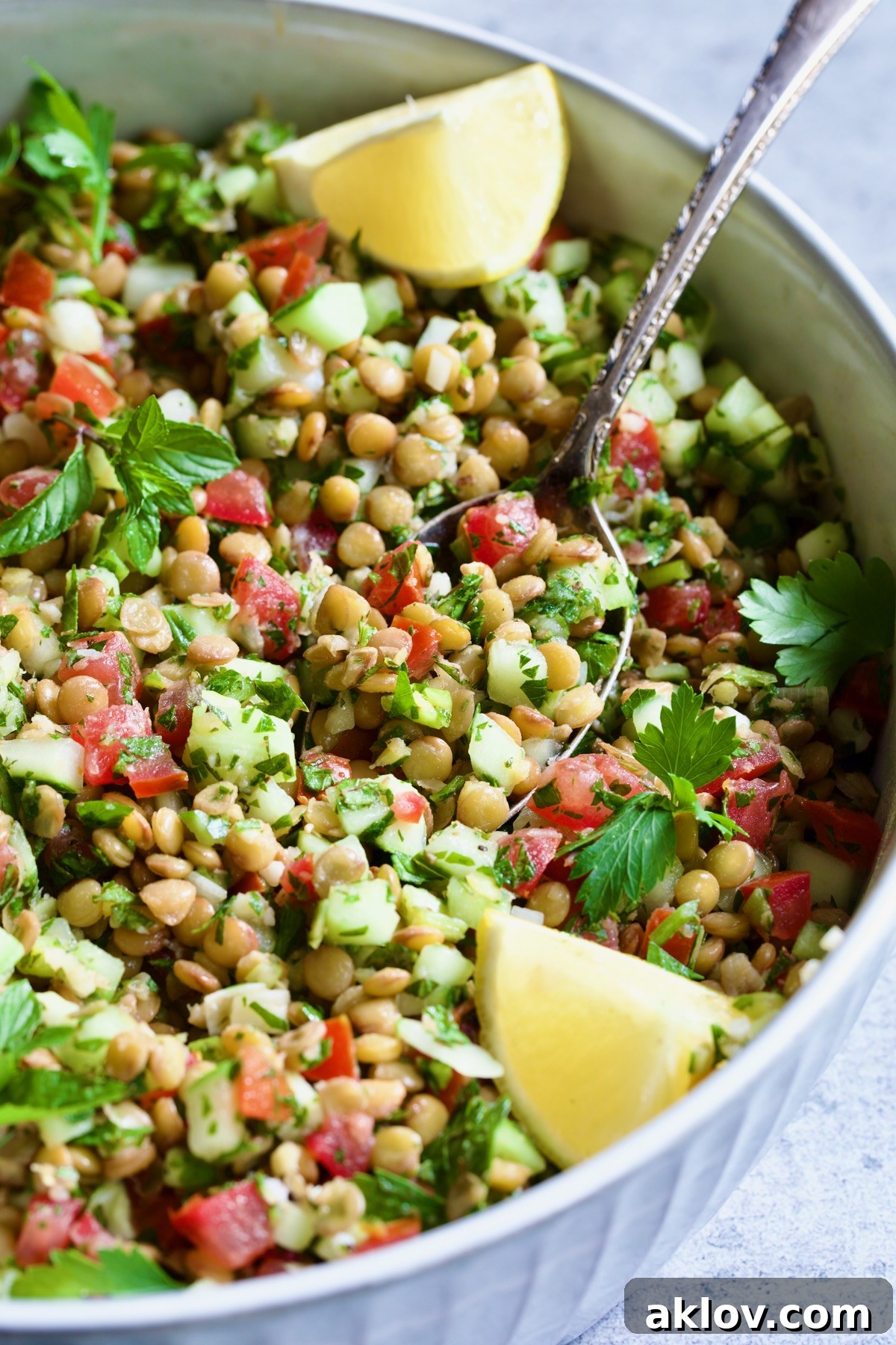 Lentil Tabbouleh in white bowl with serving spoon garnished with fresh mint sprigs and lemon wedges.