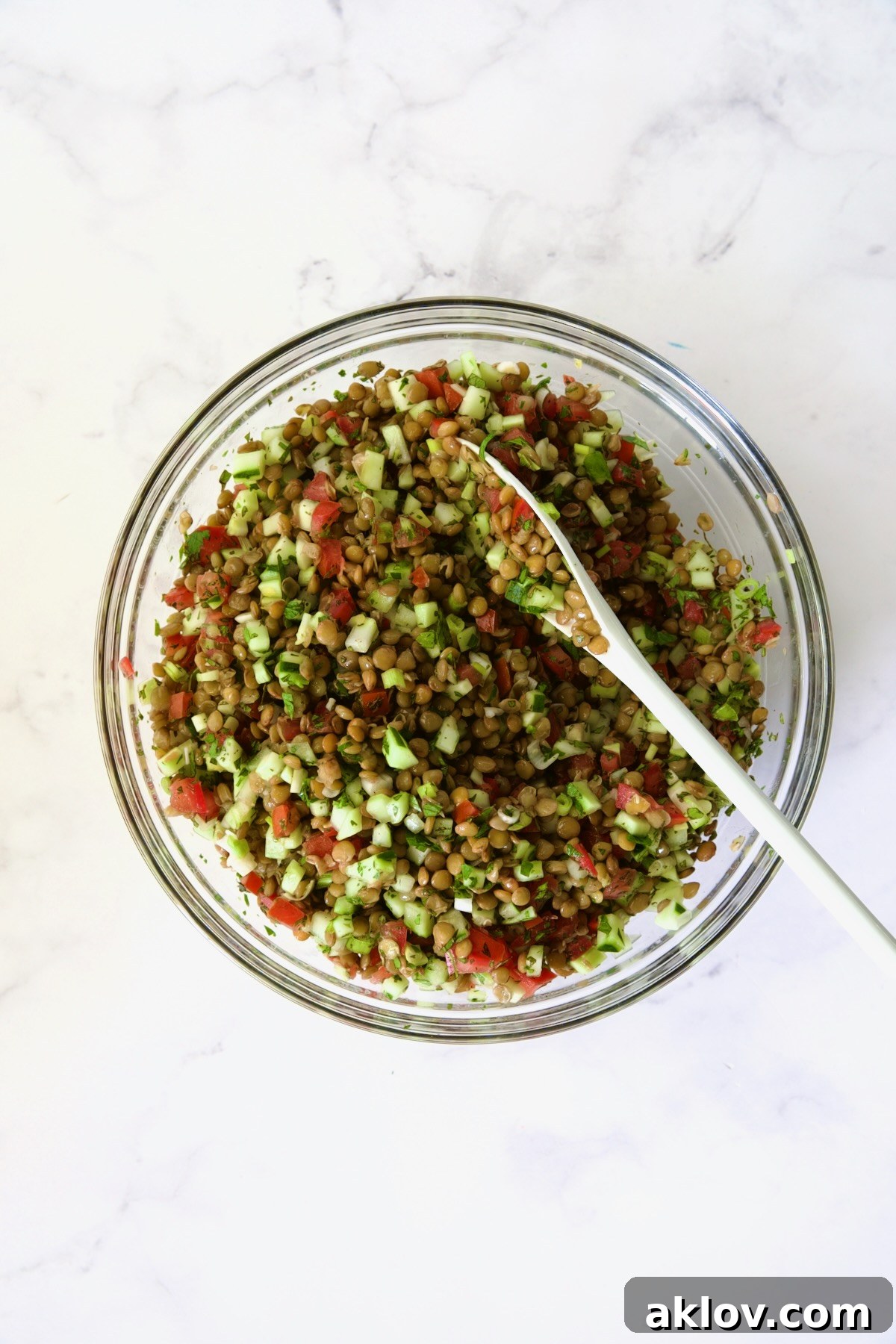 Ingredients for Lentil Tabbouleh in glass bowl after being mixed together with white mixing spoon.