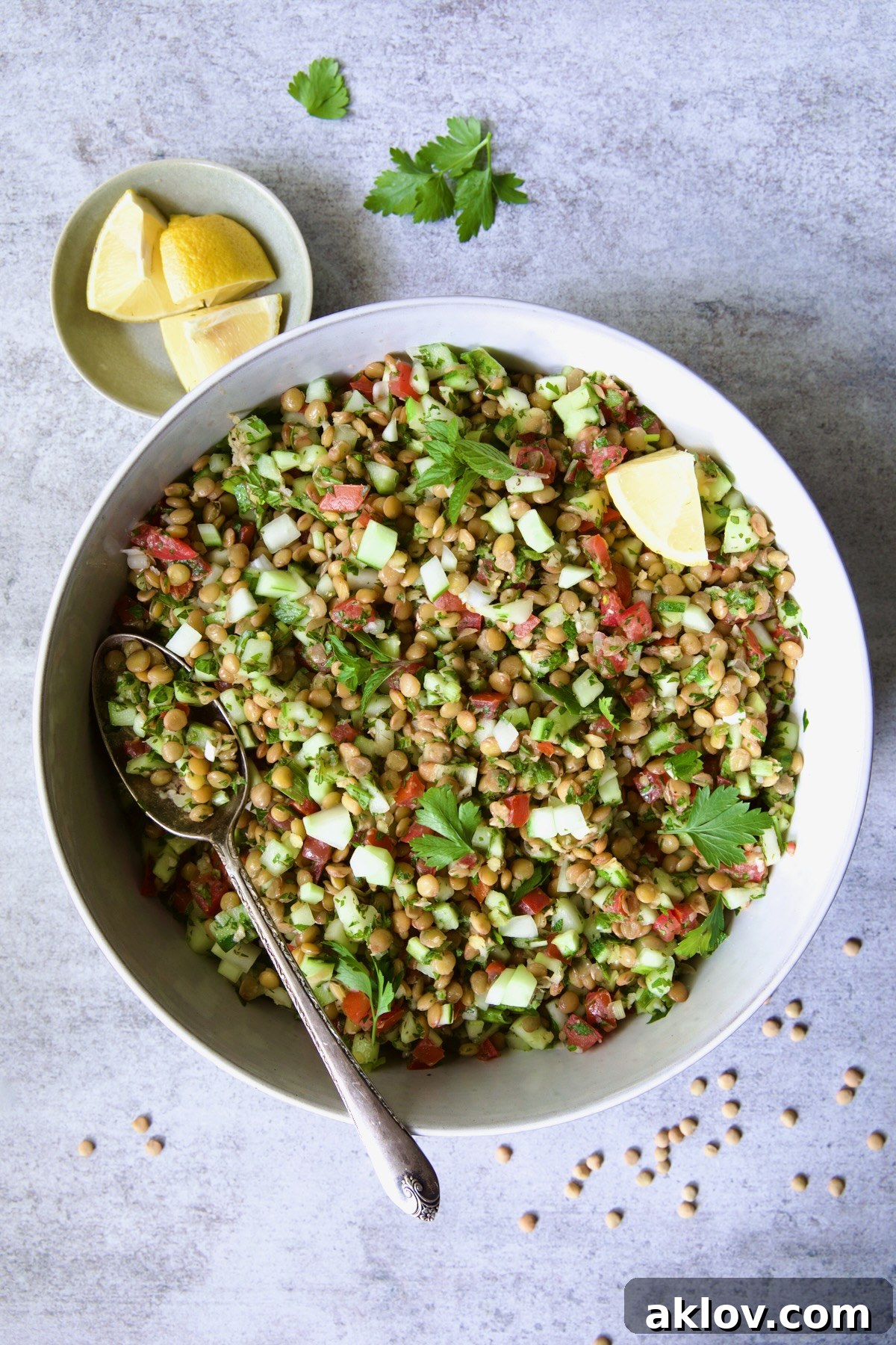 Lentil Tabbouleh in white bowl with serving spoon garnished with fresh mint sprigs, lemon wedges and uncooked lentils scattered about.