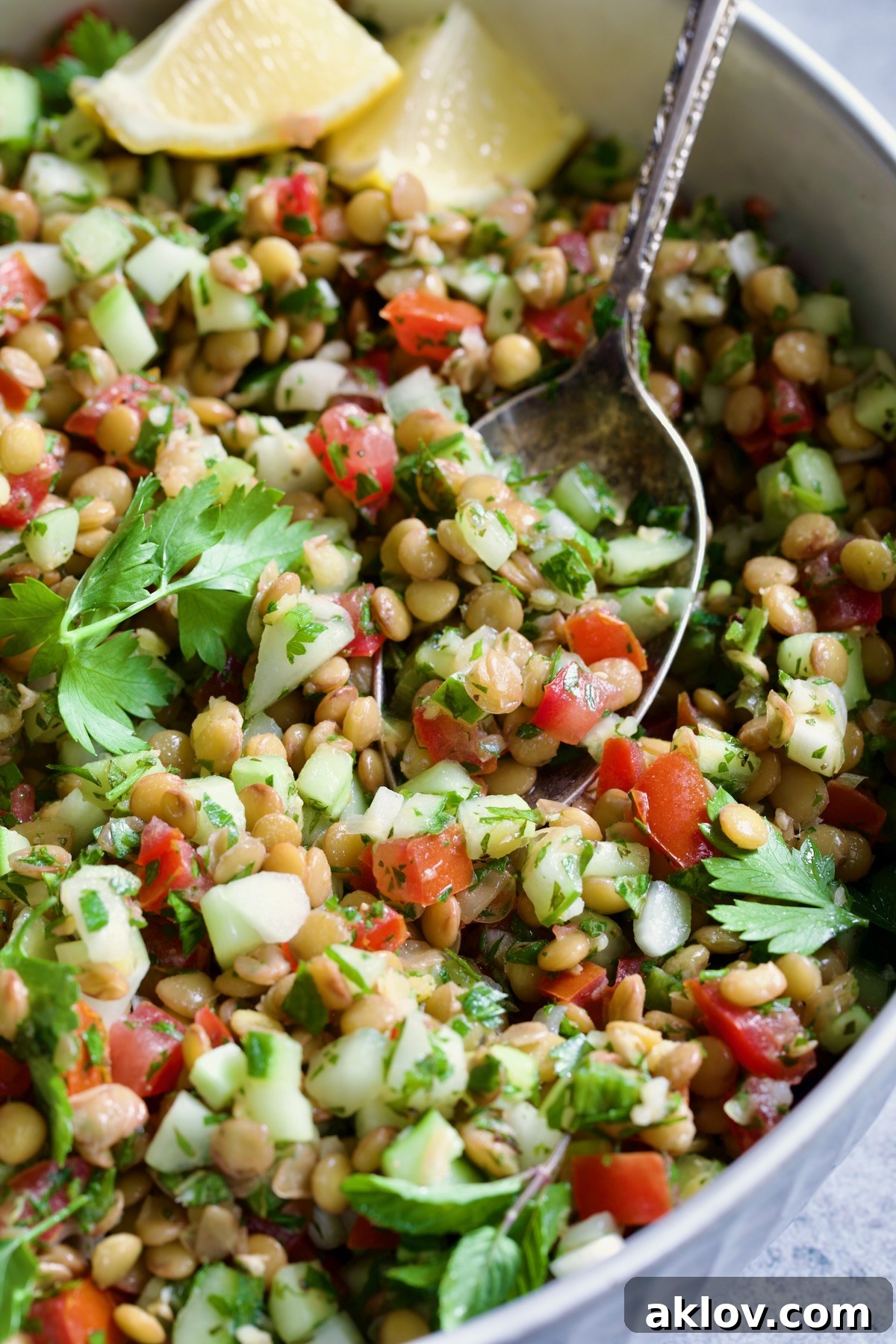 Lentil Tabbouleh in white bowl with serving spoon garnished with fresh mint sprigs and lemon wedges.