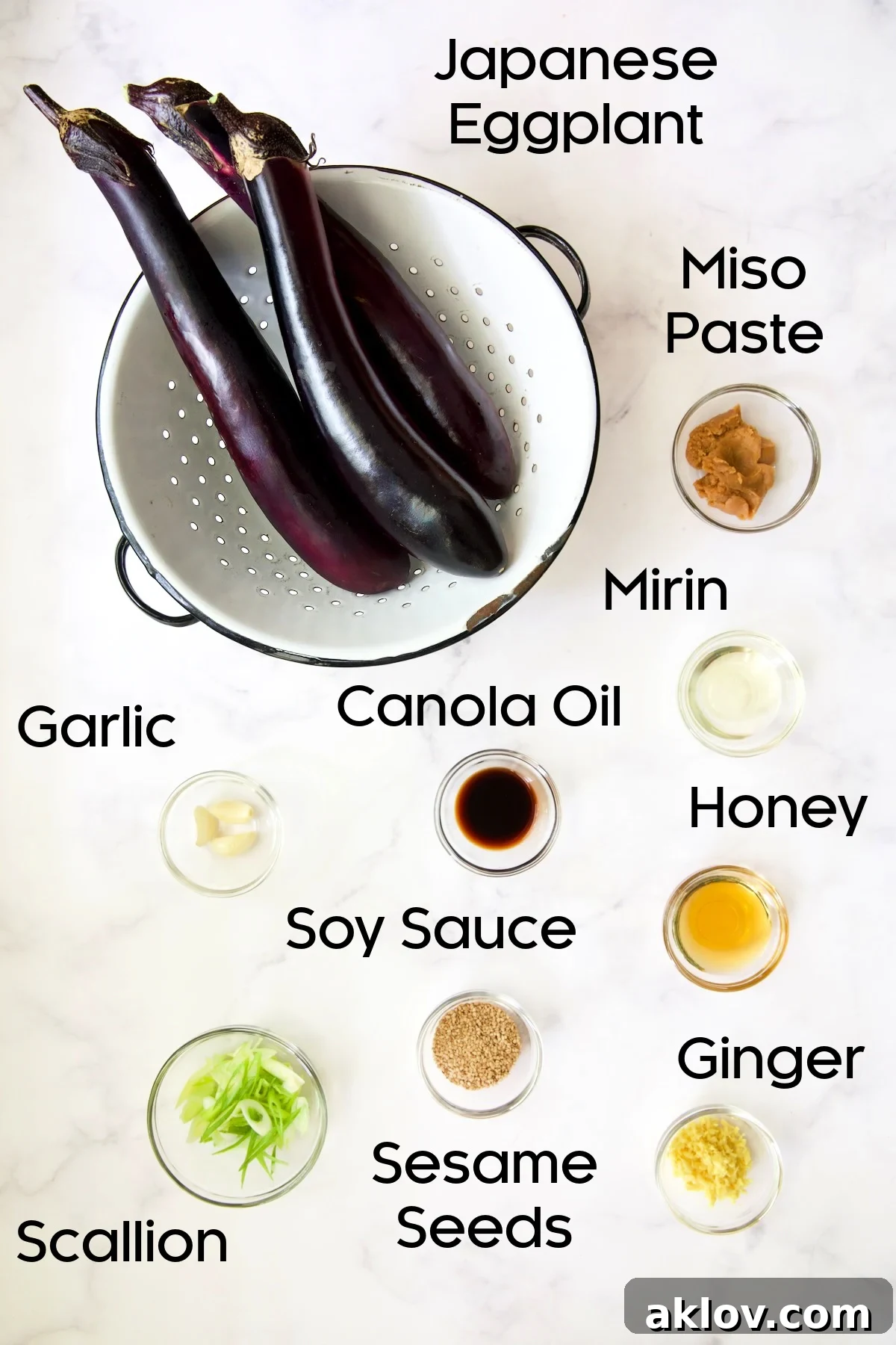 A collection of ingredients for Miso-Glazed Eggplant, including miso paste, mirin, soy sauce, honey, ginger, garlic, Japanese eggplants, and oil, arranged in glass bowls.