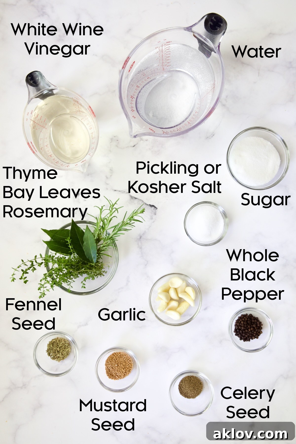 Individual glass bowls holding various brine ingredients: water, white wine vinegar, sugar, garlic, bay leaves, thyme, rosemary, peppercorns, mustard seeds, celery seed, fennel seed, and salt.