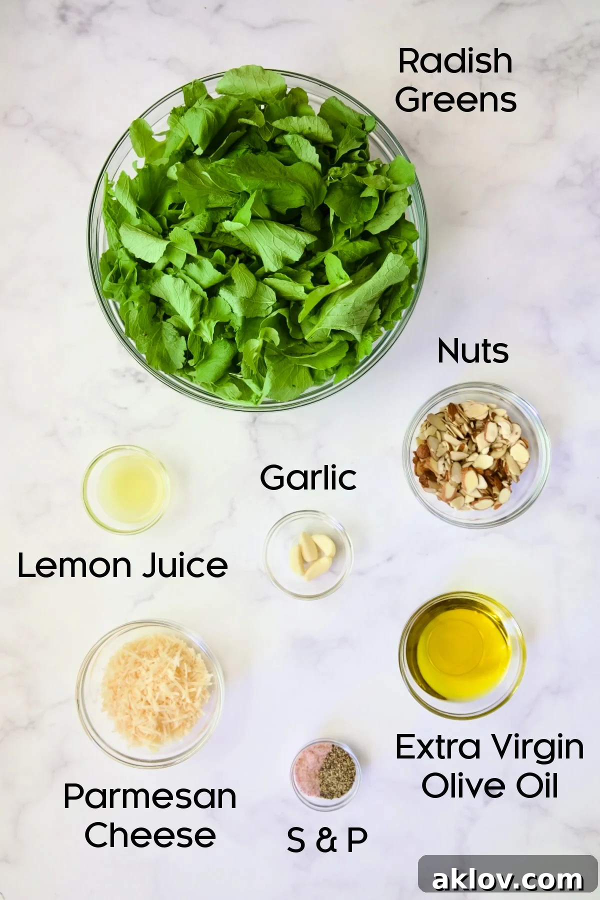 Ingredients for Radish Greens Pesto in glass jars.