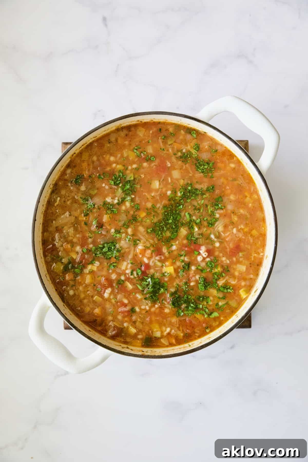 Vegetable Barley Soup with fresh parsley added after being cooked.