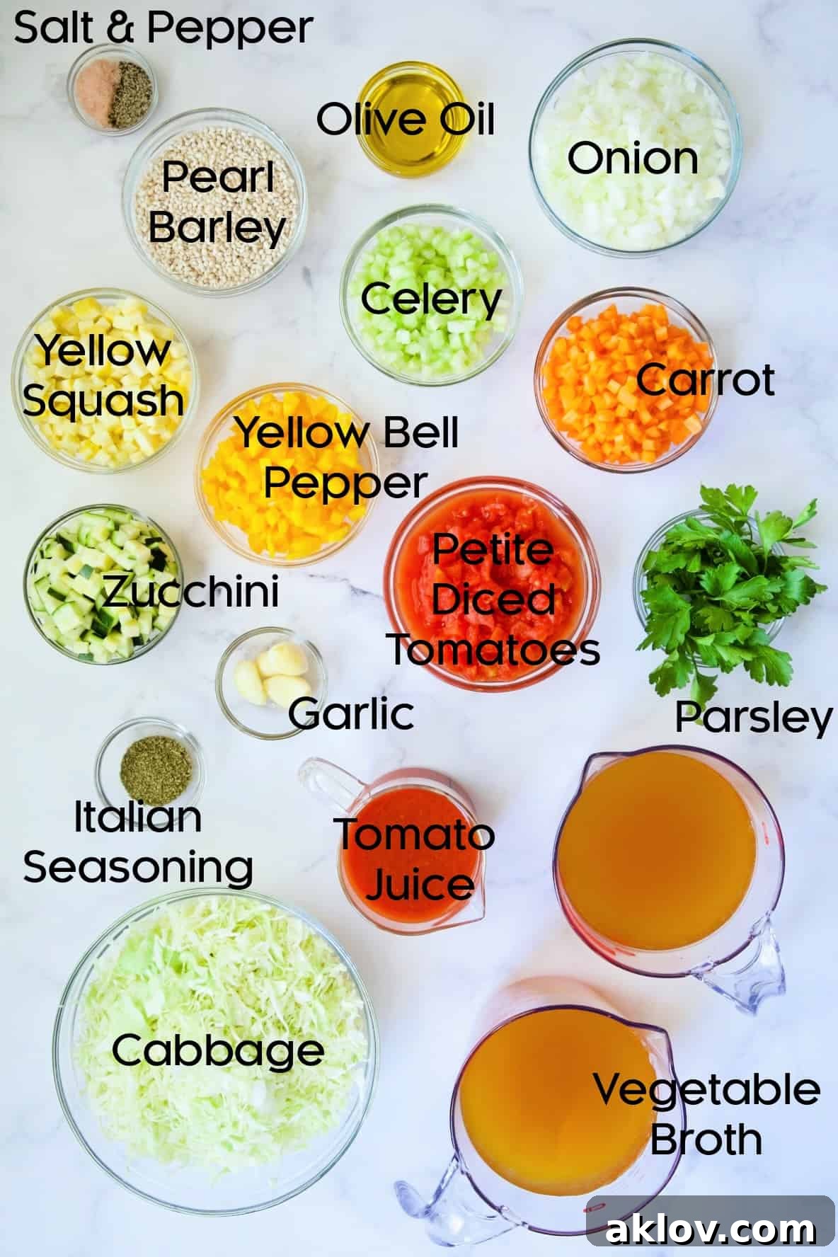 Ingredients for Vegetable Barley Salad in glass bowls.