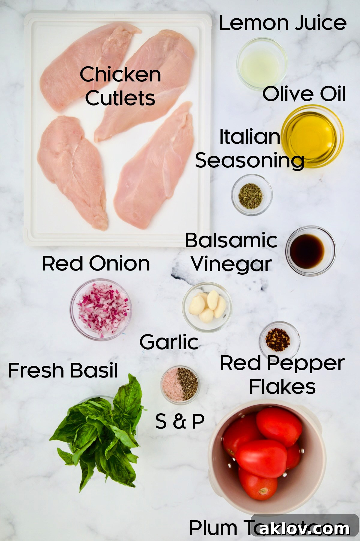 Ingredients for Chicken Bruschetta in glass bowls.