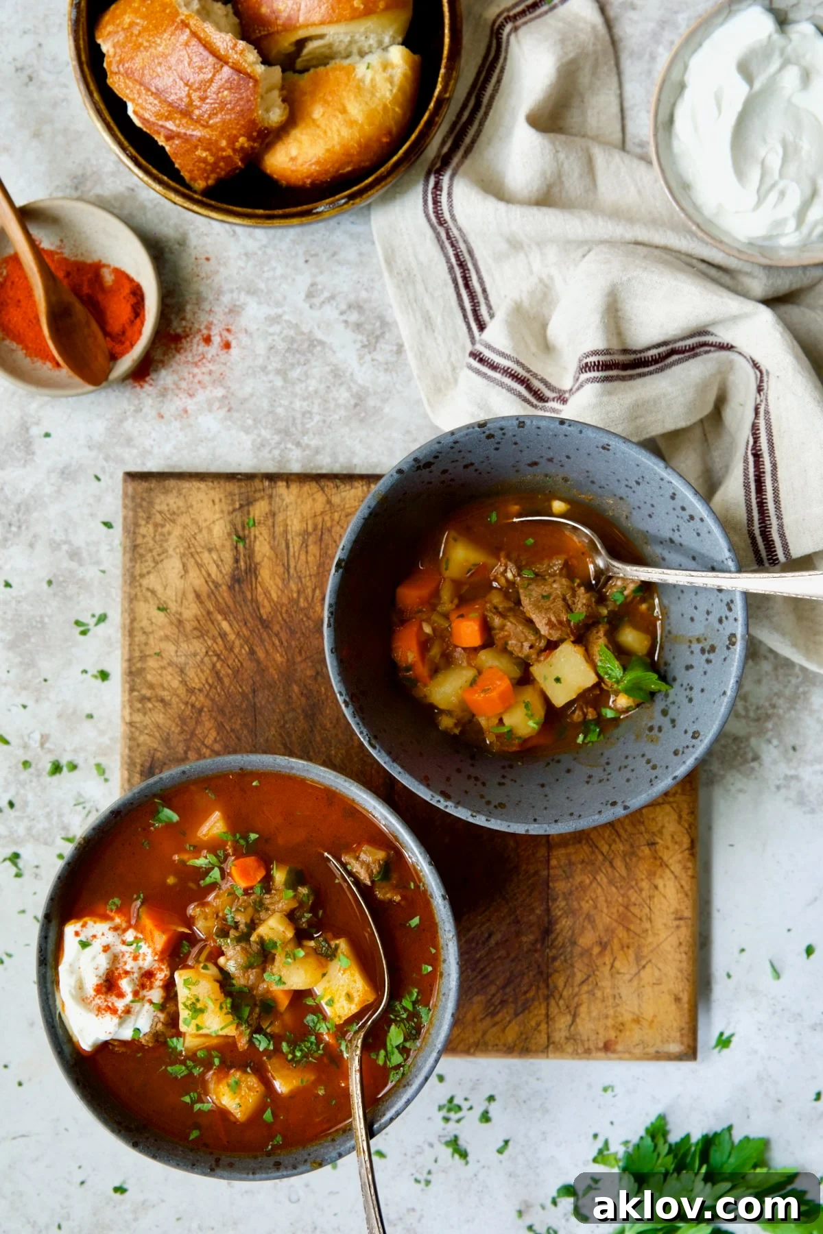 Two bowls of Traditional Hungarian Goulash Soup Recipe