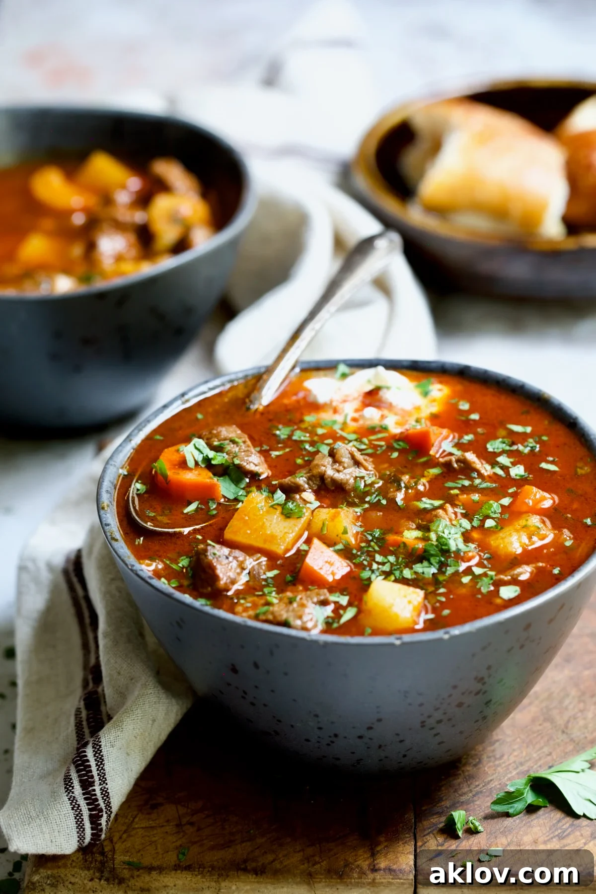 Bowl of Traditional Hungarian Goulash Soup Recipe garnished with fresh parsley.
