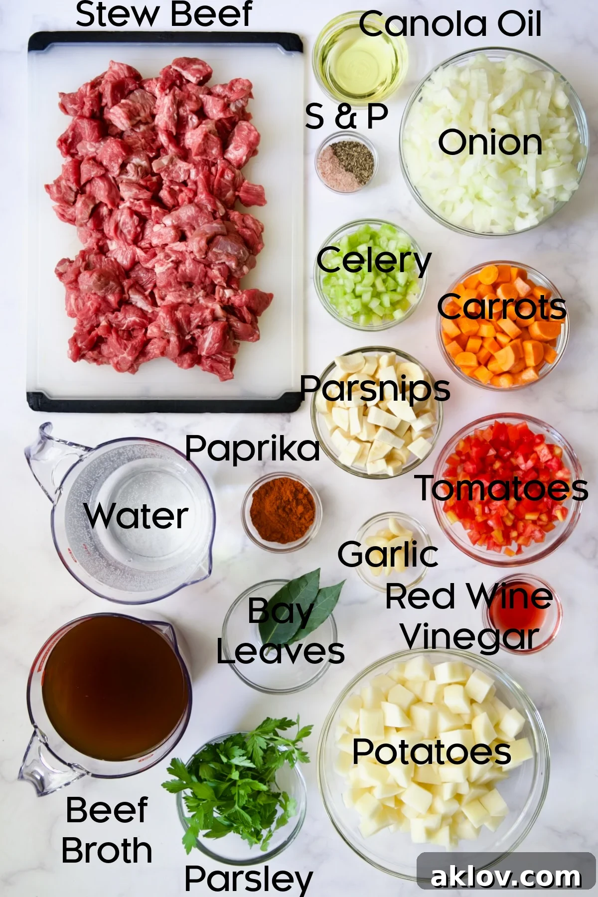 Ingredients for Traditional Hungarian Goulash Soup Recipe in glass bowls.
