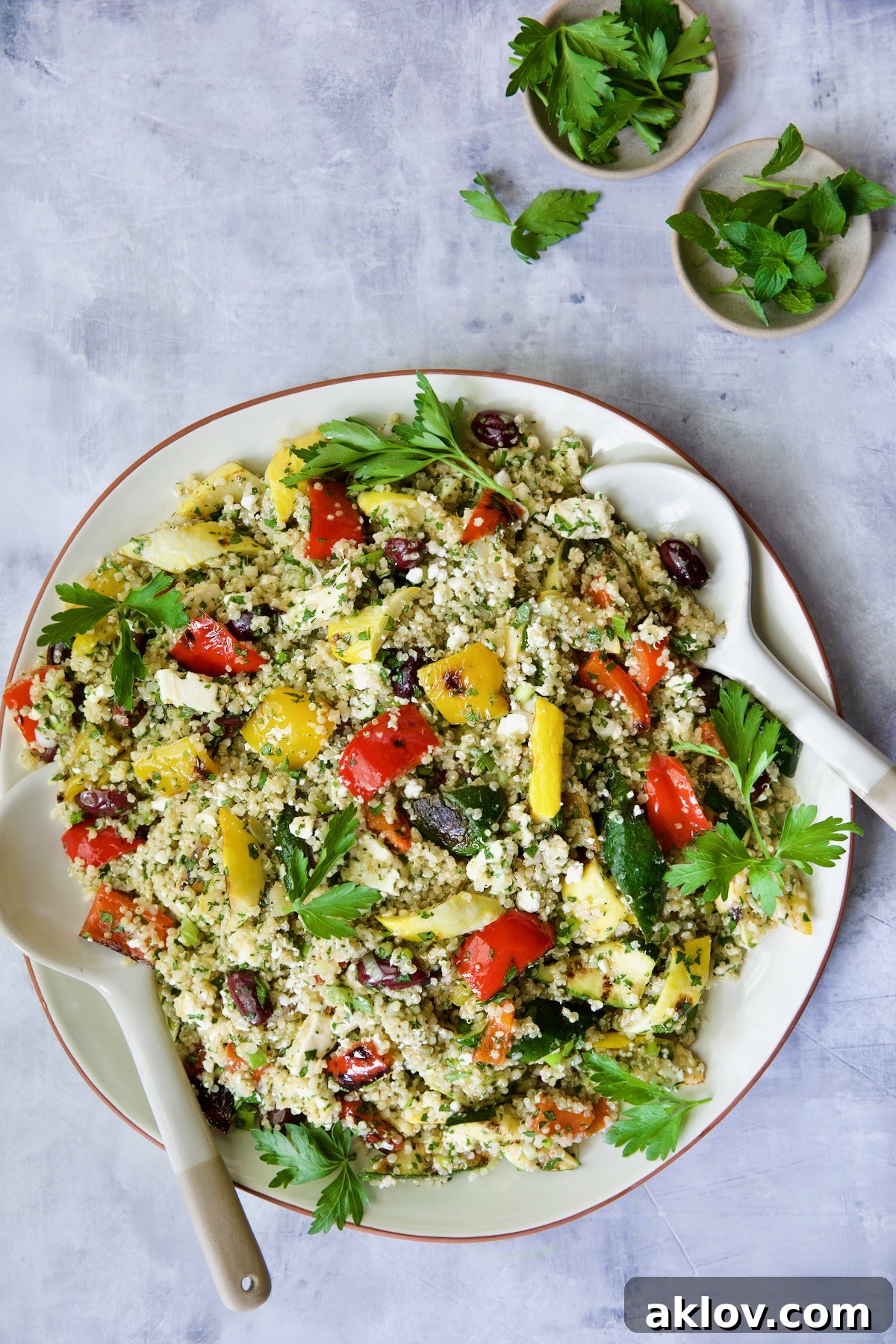 A generous serving of Mediterranean Quinoa Salad with Grilled Vegetables on a elegant white plate, ready to be enjoyed.