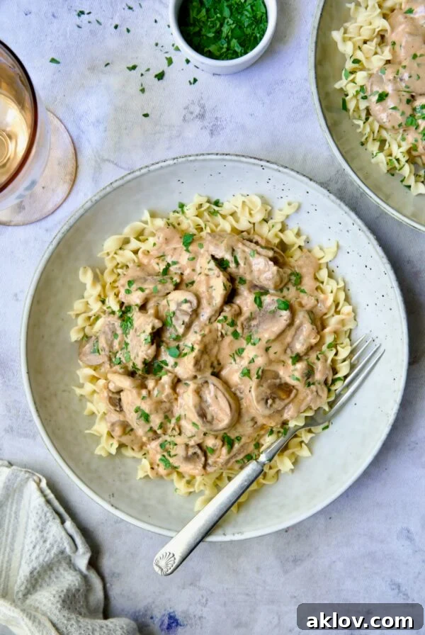 One serving of Beef Stroganoff in shallow bowl, garnished with fresh parsley.