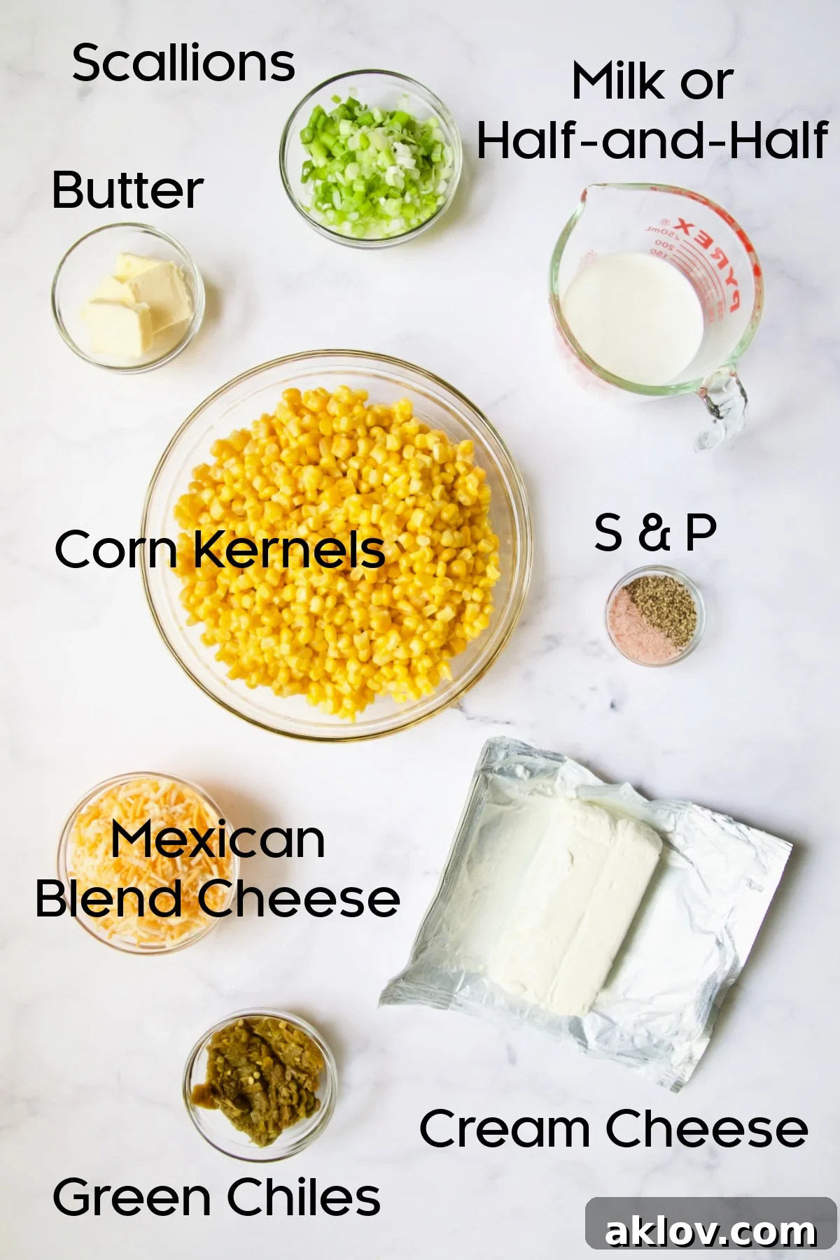 A vibrant selection of ingredients for Cream Cheese Corn Casserole with Green Chiles, neatly arranged in glass bowls.