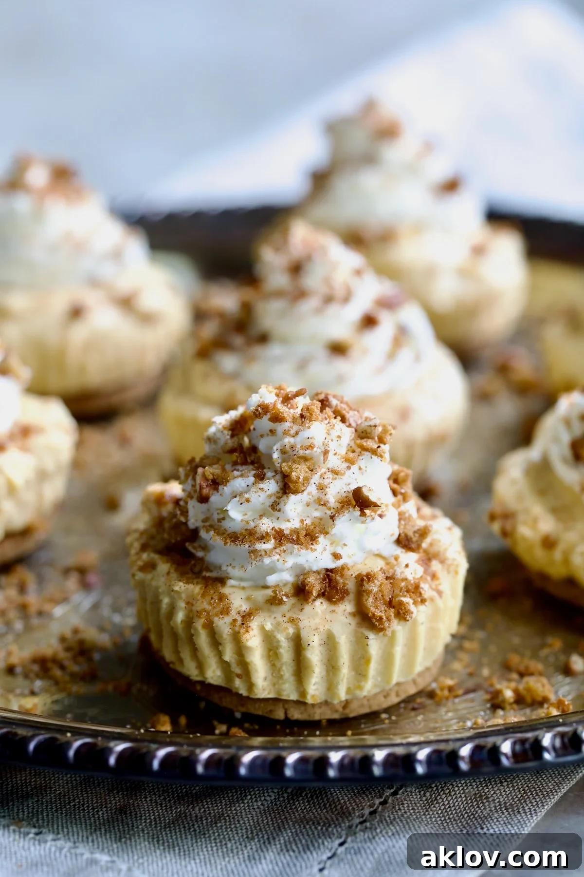 No-Bake Fall Pumpkin Cheesecake Bites 2 Easy Mini No-Bake Pumpkin Cheesecakes on silver tray, beautifully arranged.