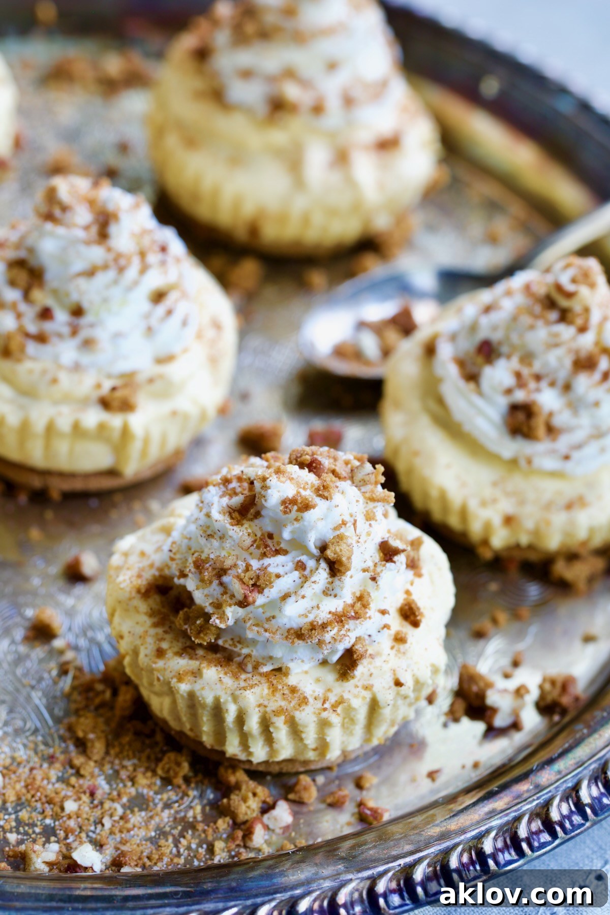 No-Bake Fall Pumpkin Cheesecake Bites 3 Four Easy Mini No-Bake Pumpkin Cheesecakes with a spoon, highlighting their individual charm.