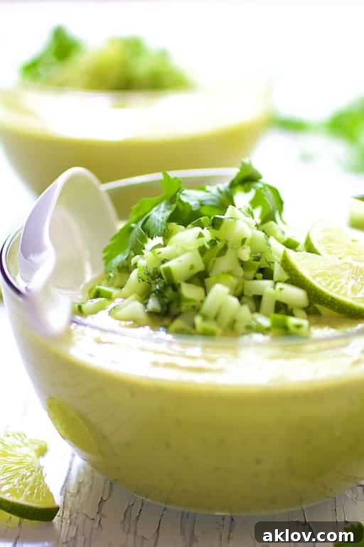 Close-up detailed photo of Cold Thai Cucumber Avocado Soup with Cucumber Relish, featuring a white spoon dipped into the creamy texture and fresh relish.