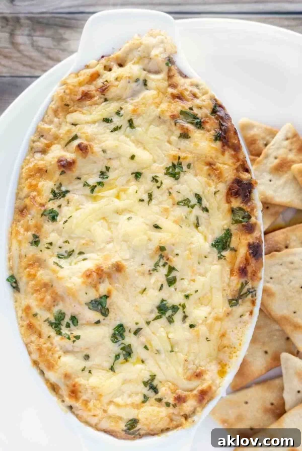 Hot Crab Dip in oval baking dish.