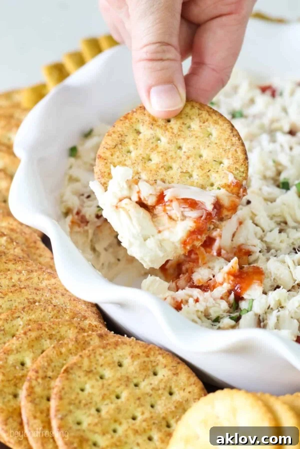 Cold crab dip on cracker being lifted out of dish.