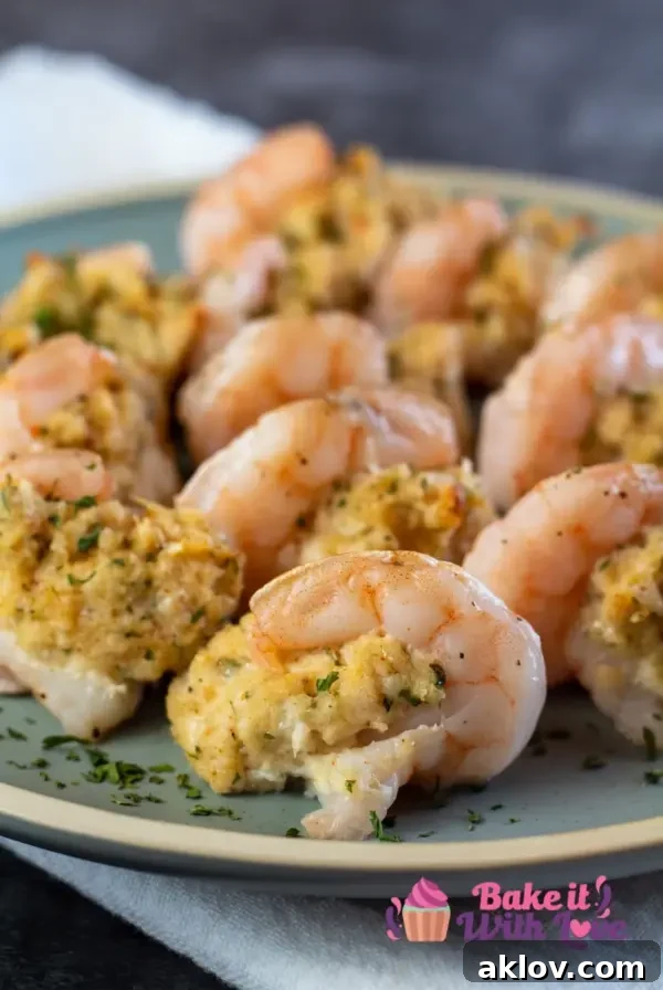Crab-Stuffed Shrimp on green plate garnished with fresh parsley.