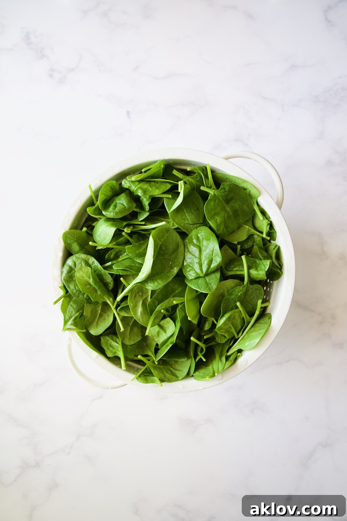 Baby spinach being rinsed in a white colander.