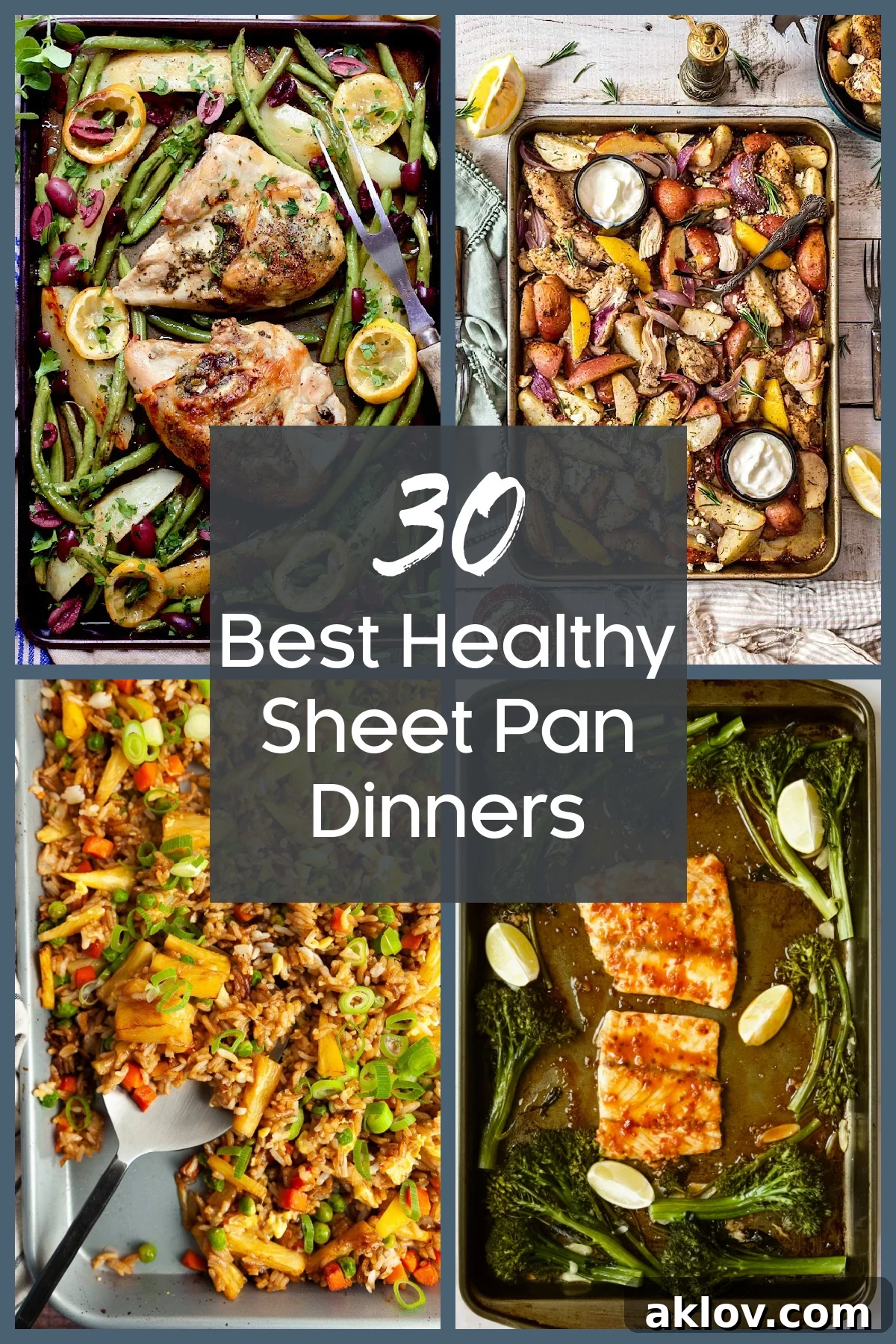 Collage of four dinners on sheet pans, showcasing delicious and healthy sheet pan recipes.