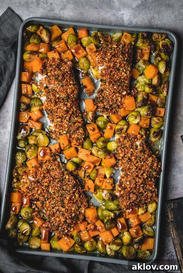 Sheet pan almond crusted cod with balsamic vegetables.