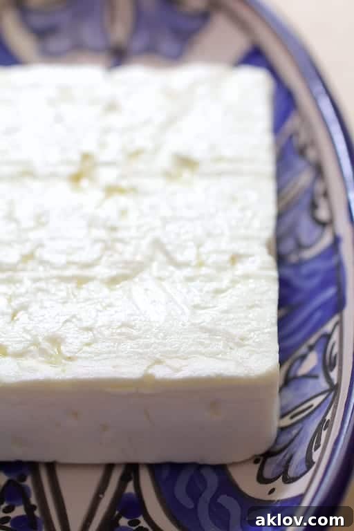 Photo of a block of feta cheese on blue decorative plate.