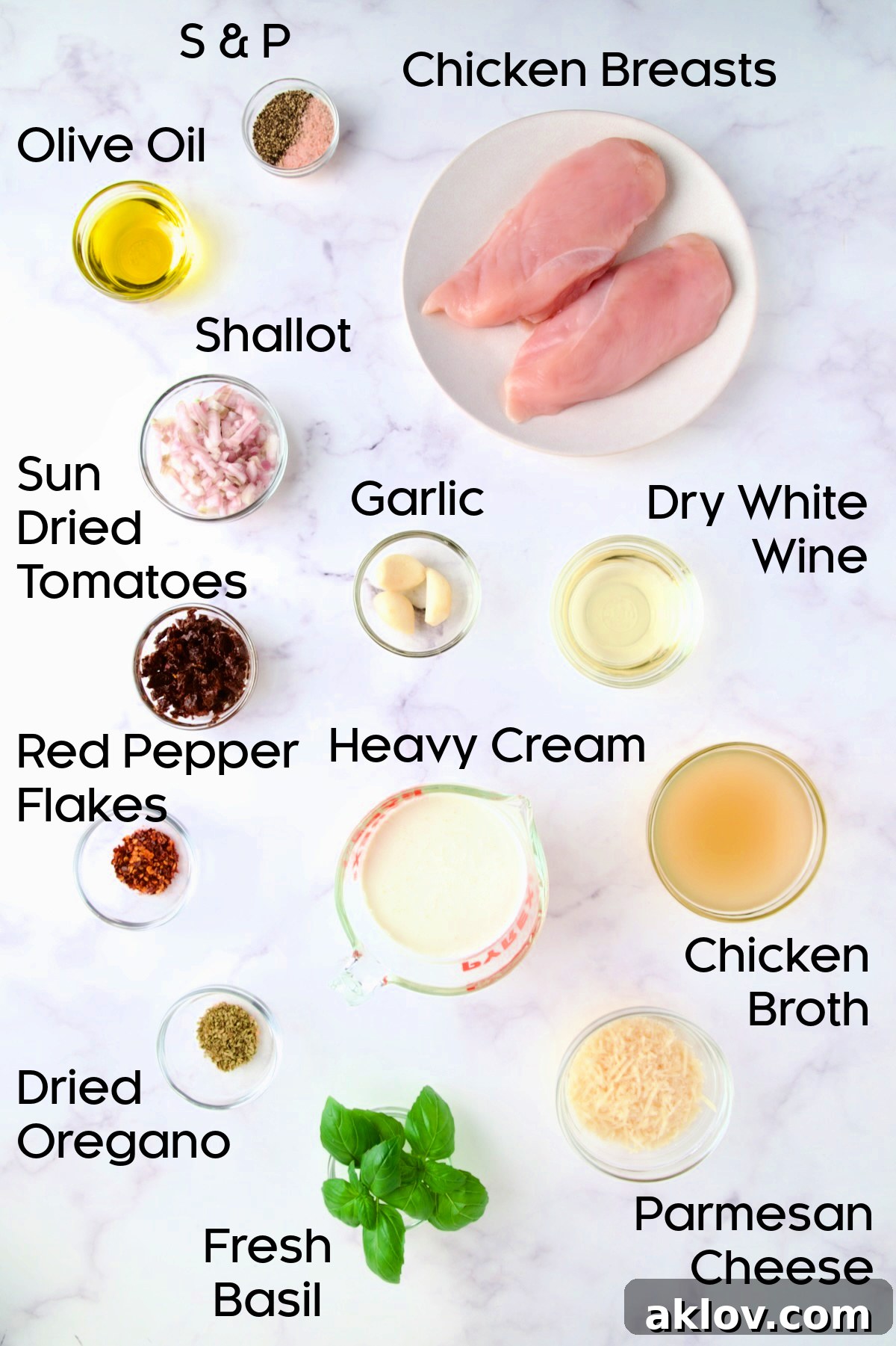 Ingredients for Marry Me Chicken in glass bowls.