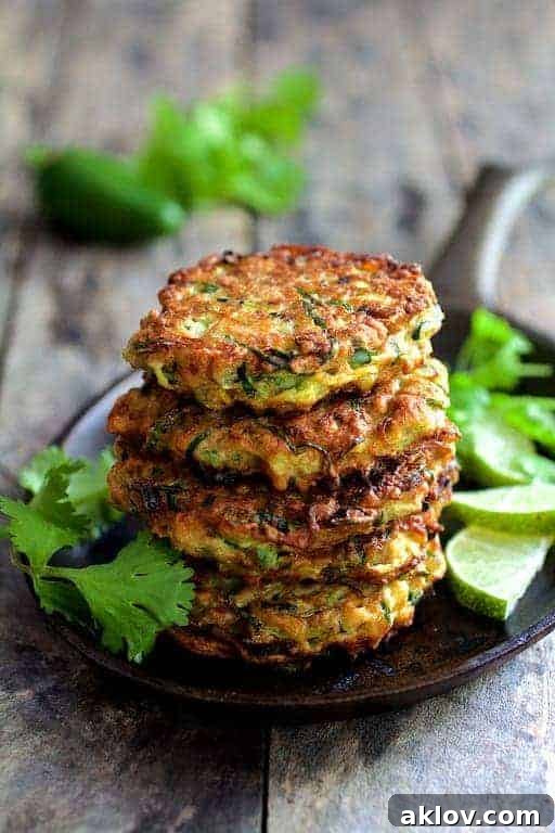 Crispy Whole Grain Zucchini Jalapeno Fritters garnished with fresh cilantro and lime wedges, served in a cast iron pan.