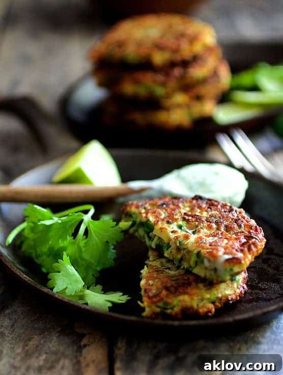 A Whole Grain Zucchini Jalapeno Fritter cut in half, revealing its tender interior, served on a cast iron pan with a spoonful of cilantro-lime sour cream in the background.