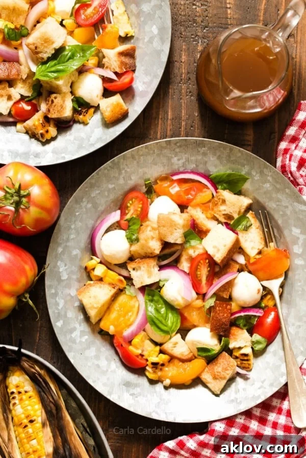 Grilled Corn Panzanella Salad in metal bowl.