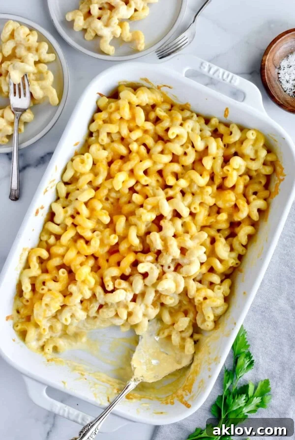 Macaroni and cheese in rectangular baking dish.
