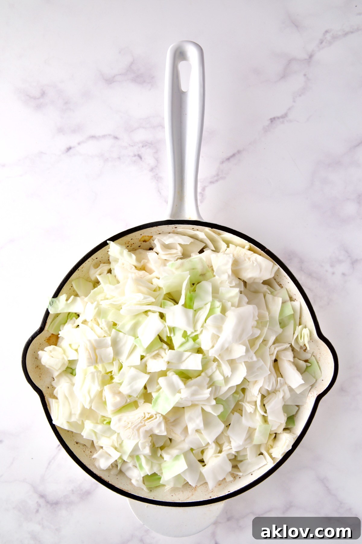 Fresh uncooked cabbage in white enamel cast iron skillet.