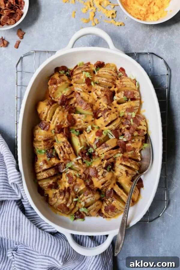 Baby Hasselback Potato Bake with Cheddar and Bacon, a super simple and impressive side dish.
