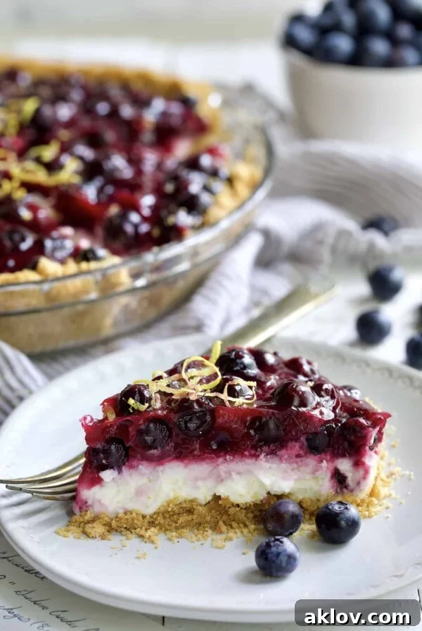 Photo of a slice of Blueberry Cream Cheese Pie on a white plate, with a light, creamy, and fruity topping.