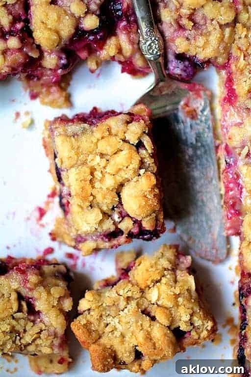 Rectangular pieces of Blueberry Crumble Bars with ornate server, an easy and delicious way to enjoy blueberries.