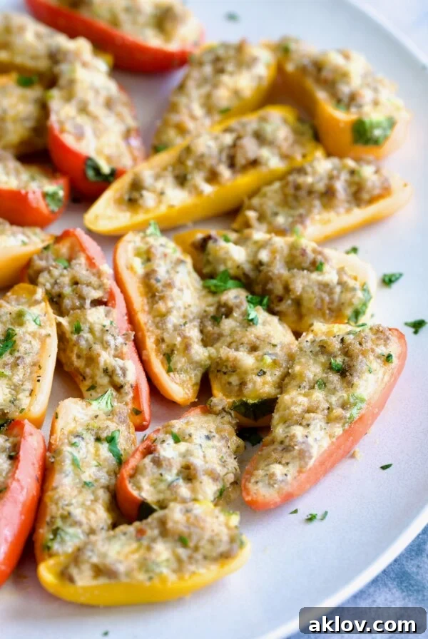 Stuffed Mini Peppers on white oval platter garnished with chopped fresh parsley, a delightful bite-sized appetizer.