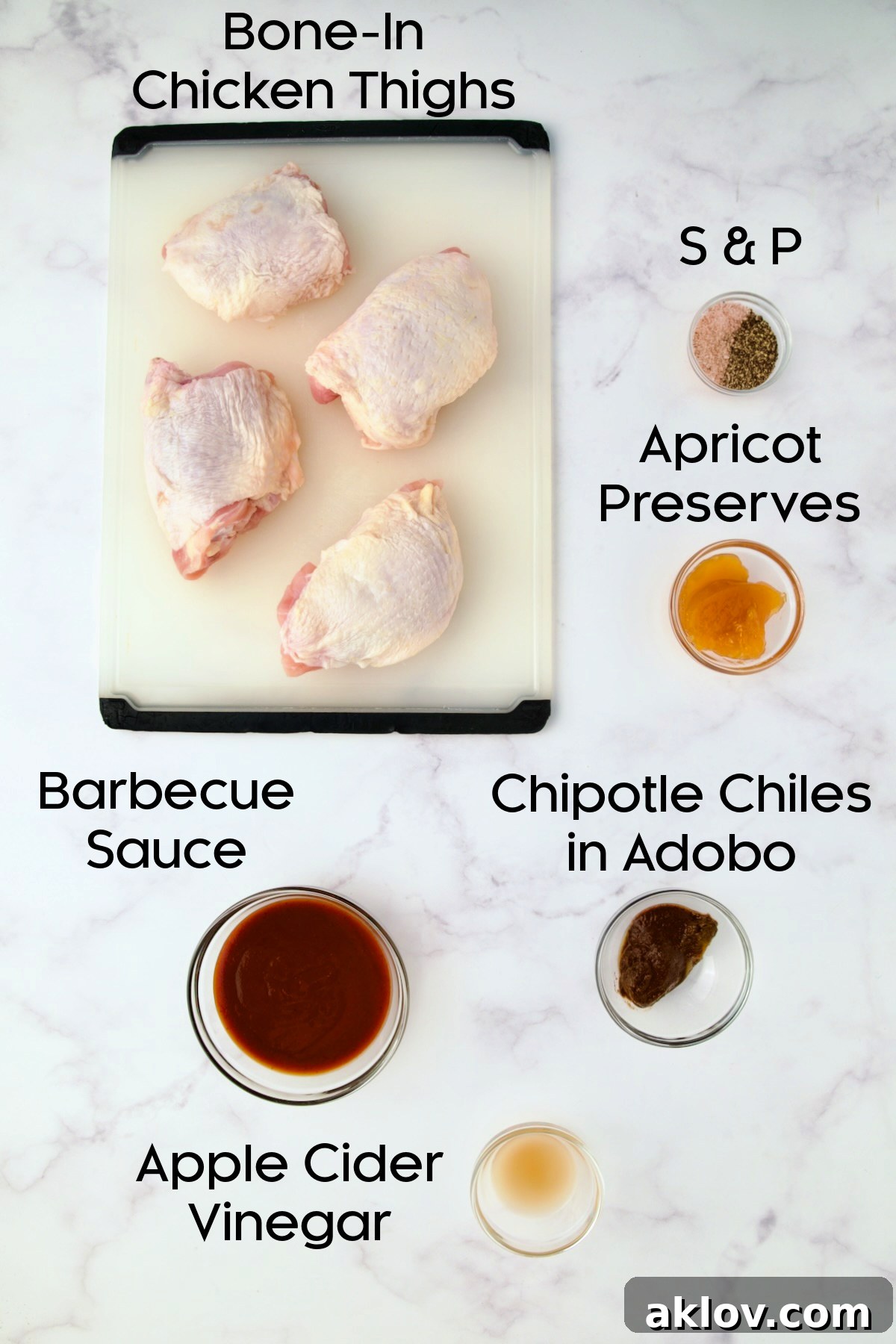Ingredients for Baked BBQ Chicken Thighs in glass bowls.