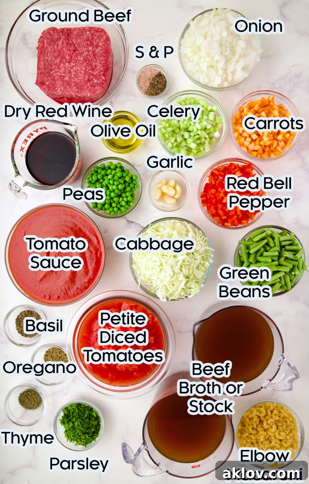 Prepped ingredients for Hamburger Vegetable Soup, arranged in glass bowls.