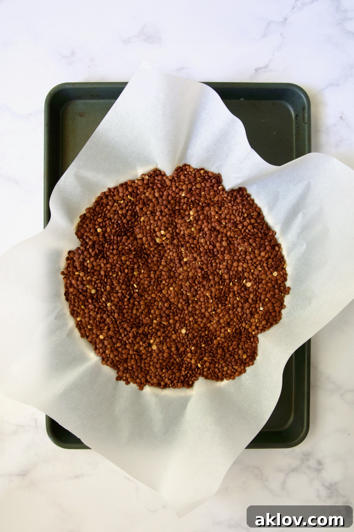 Tart dough in tart pan with parchment paper covering it and lentils placed over it before being blind baked.