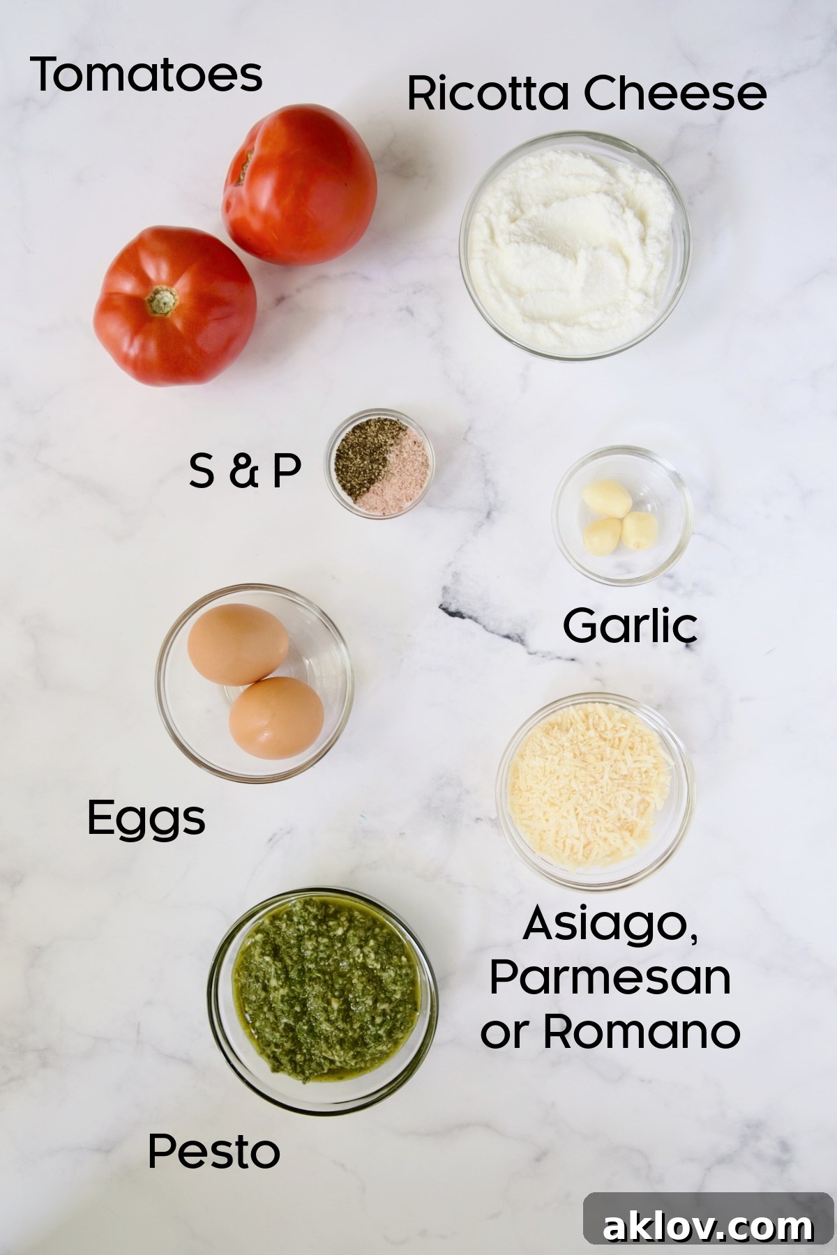 Ingredients for filling for Tomato Tart with Ricotta and Basil in glass bowls.