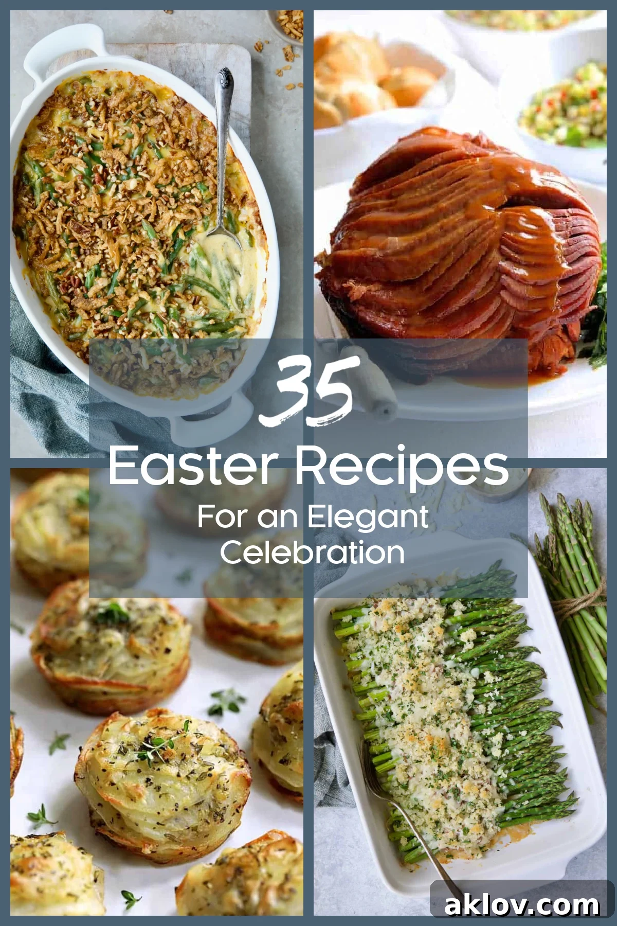 A vibrant collage showcasing four delectable Easter recipes: a rich green bean casserole, a beautifully glazed ham, rustic potato galettes, and fresh, crisp asparagus.