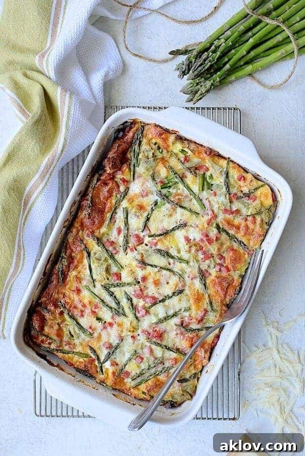 A delectable Breakfast Strata with Asparagus, Artichokes, Ham, and Gruyere, cooling on a rack with a serving fork, ready to be enjoyed.