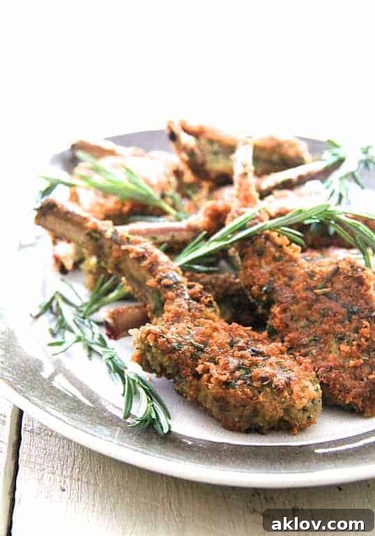 Exquisitely cooked Parmesan and Herb-Crusted Lamb Chops, beautifully arranged on a gray-rimmed platter, ready to be savored.