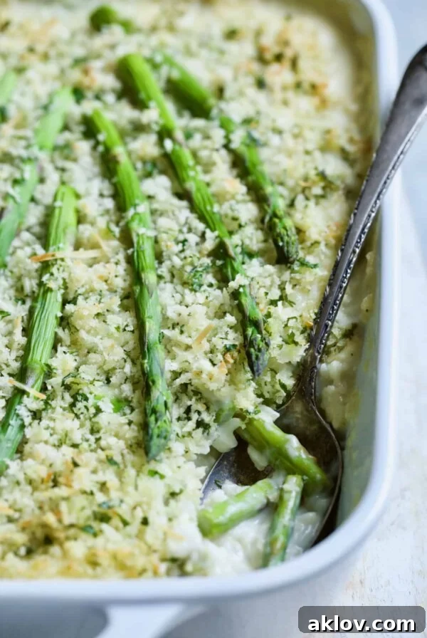 A rich and bubbly Creamy Asparagus and Rice Casserole, served in a white baking dish with a spoon, ready to be dished out.